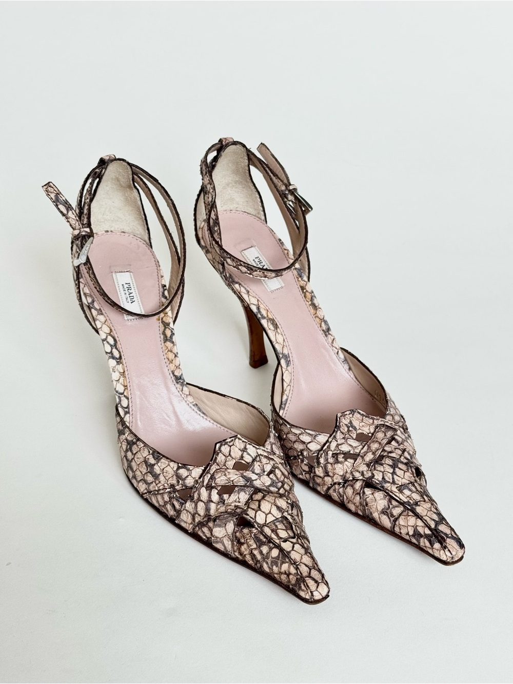 Vintage Prada Extended Point Toe Ankle-Strap Heels in Real Exotic Python - Italy